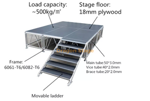 China Manufacturer Wholesale Outdoor Aluminum Stage Platform Modular Stage Deck 4x8ft (12.2x6.1m 40x20ft height 1.2-2m with 2 stairs adjustable)